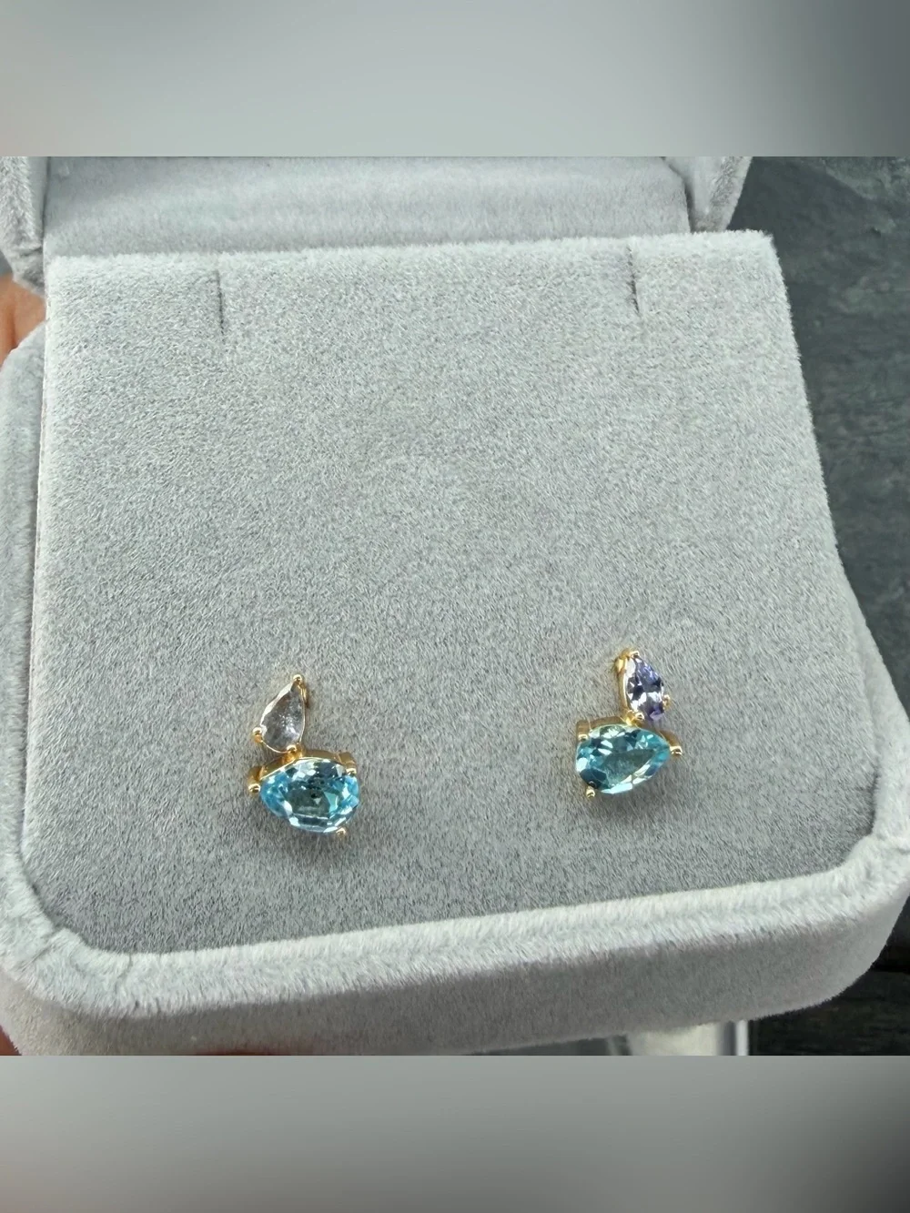Stunning Natural Sky Blue Topaz and Tanzanite Stud Earrings 14K Yellow Gold